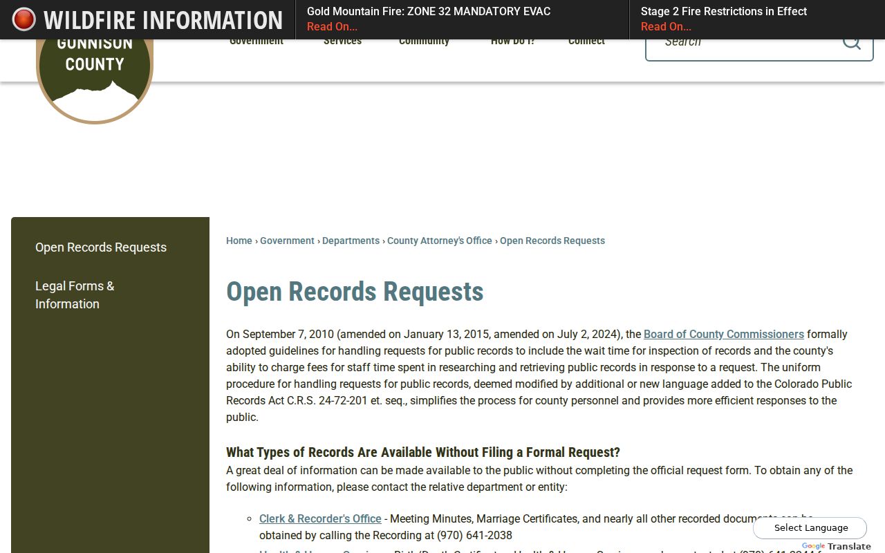 Gunnison County Clerk of Court records open records referral page