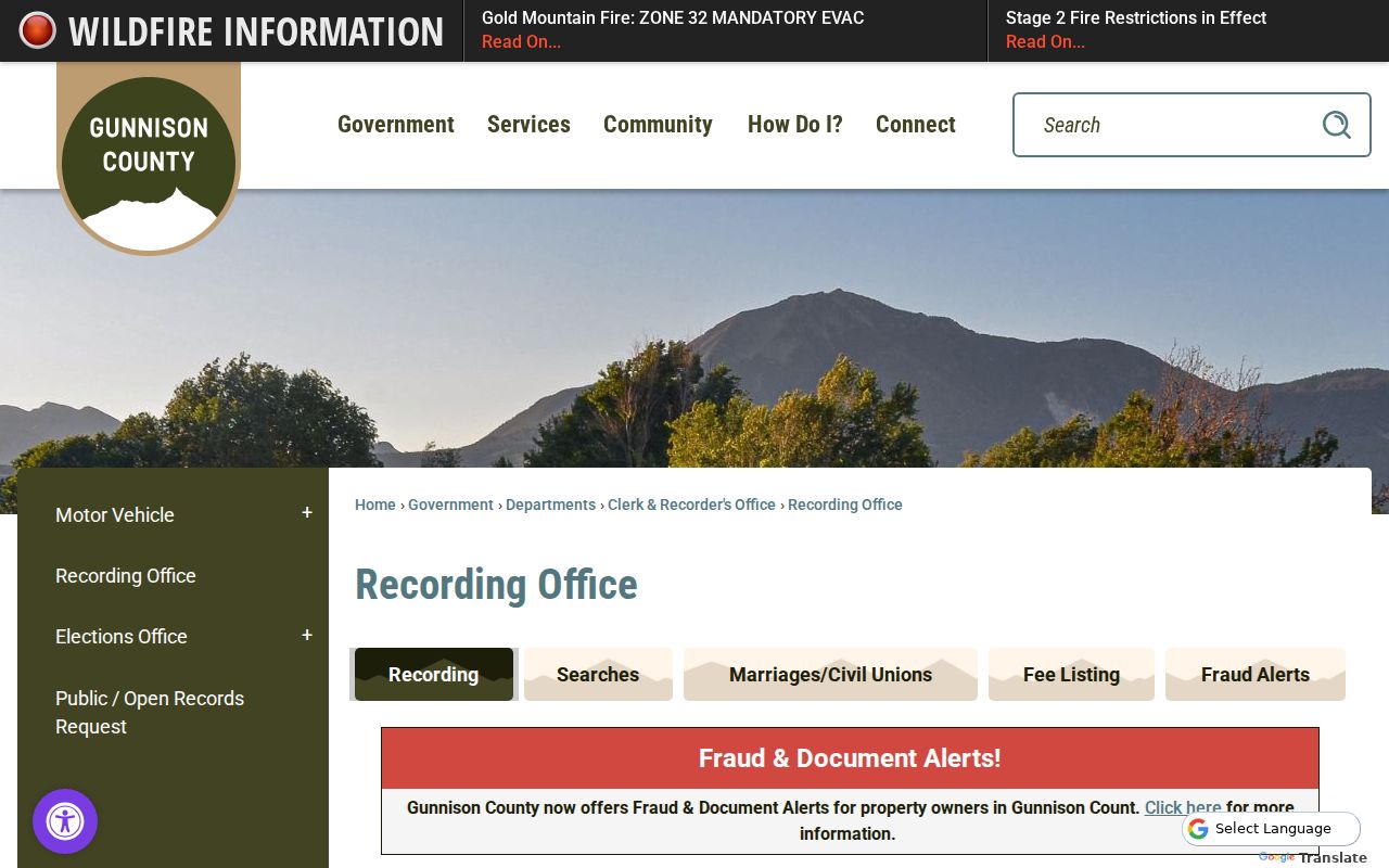 Gunnison County Clerk of Court records and recording office fee source