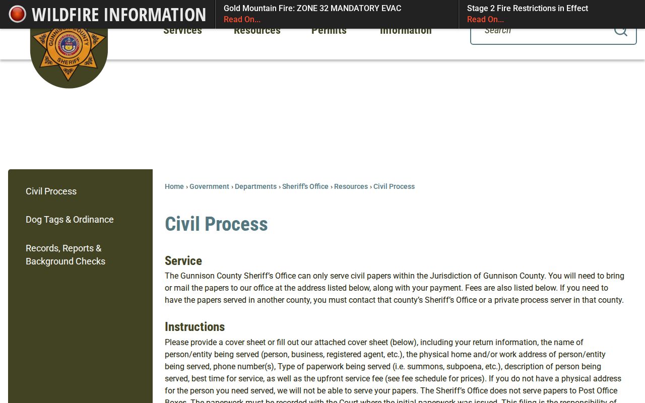Gunnison County arrest records sheriff civil process page