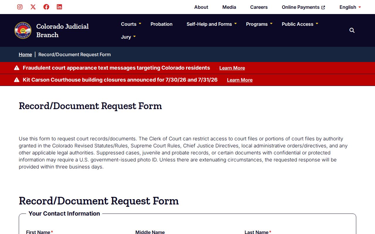 Gunnison County court records document request form