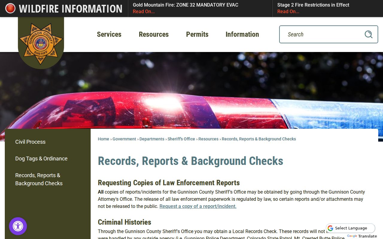 Gunnison County criminal court records sheriff records page