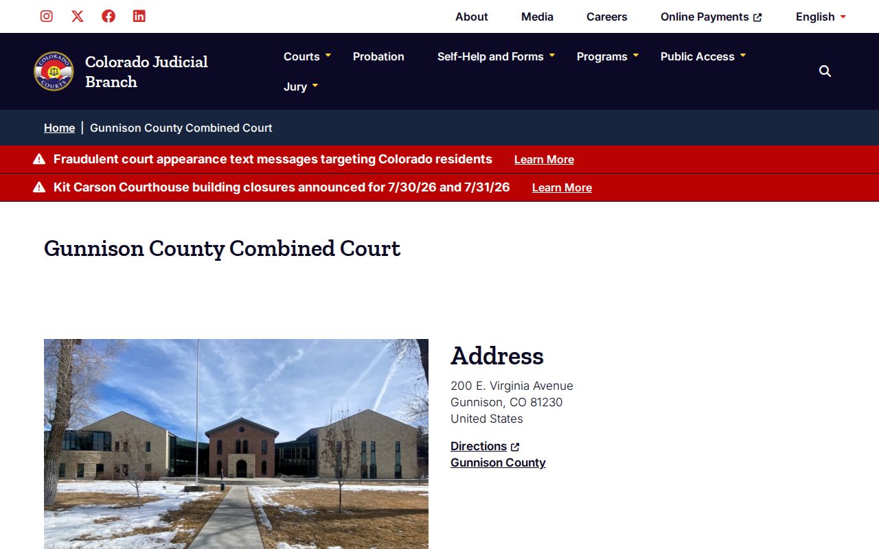 Gunnison County court records Combined Court contact page