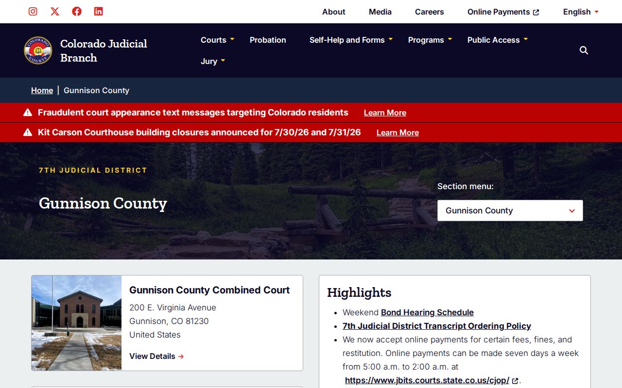 Gunnison County court records trial court payment and warrant notice