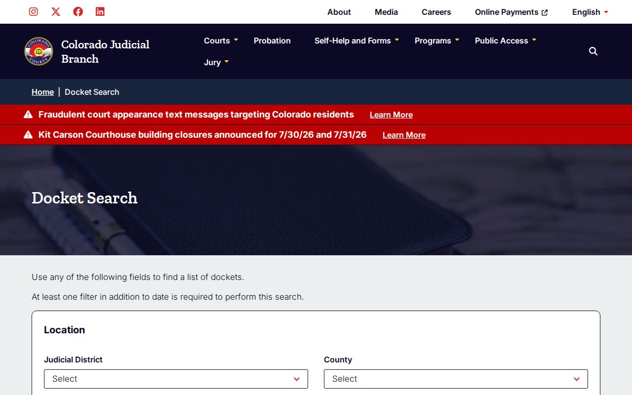 Gunnison County court records docket search page