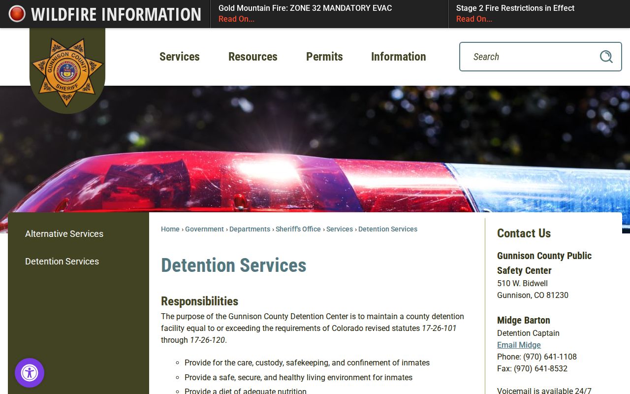 Gunnison County inmate records detention services roster page