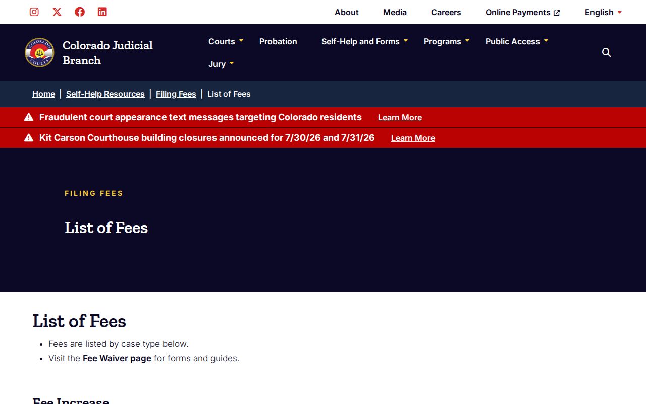 Gunnison County probate records Colorado Judicial fee page