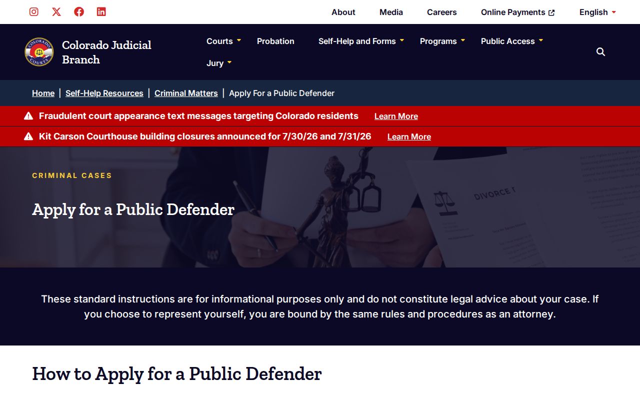 Gunnison County warrant records public defender application page